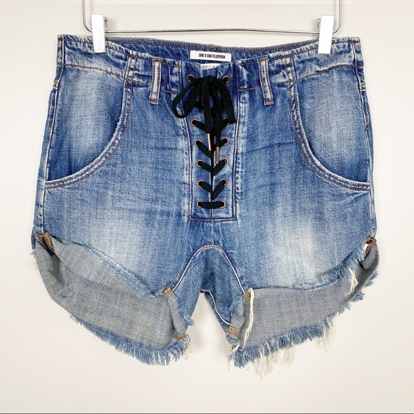 One Teaspoon Pants - ONE TEASPOON Super Freaks Lace Up Shorts 25 Denim